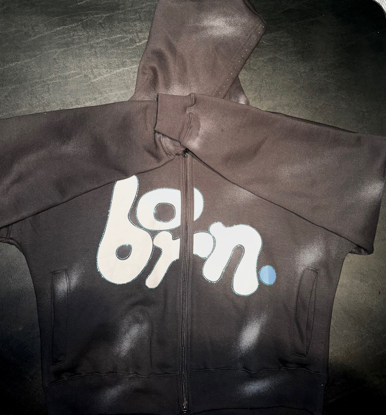 "B8RN" BLACK ZIP-UP HOODIE